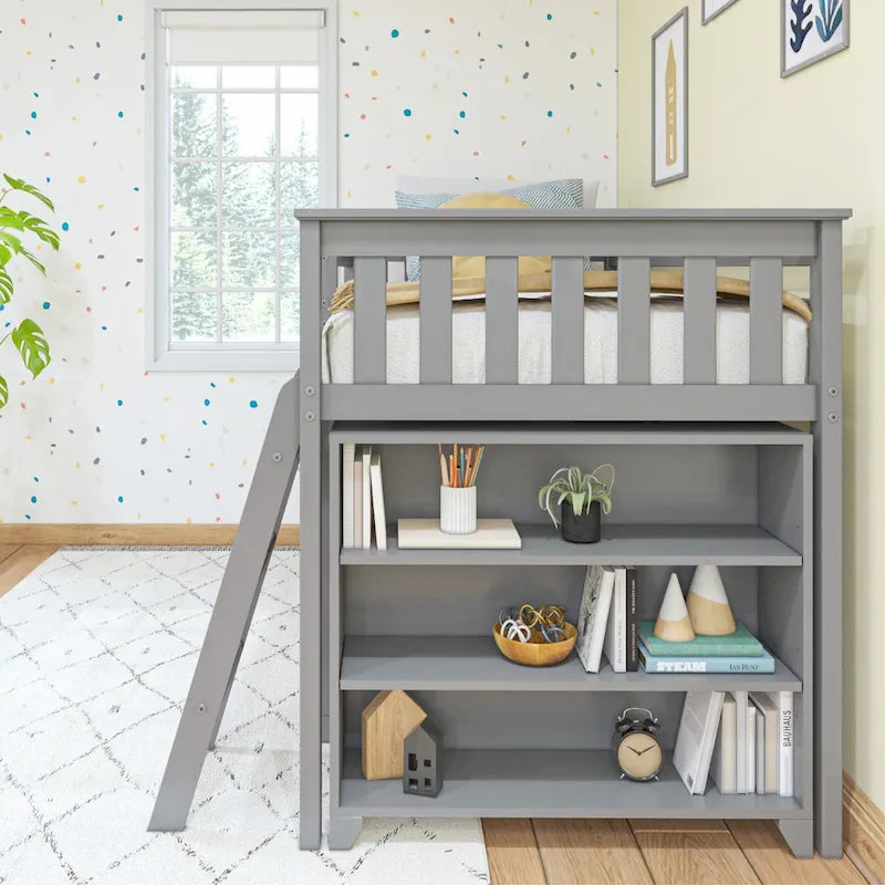 Letto a soppalco basso singolo con libreria a 3 e 6 ripiani, legno massello di pino, camera da letto per bambini