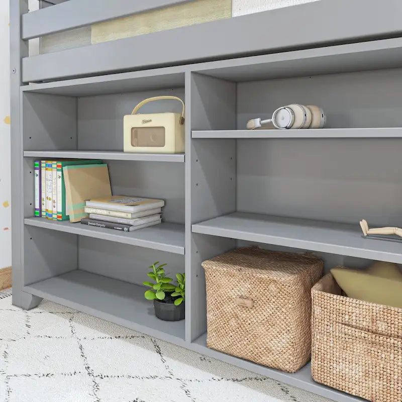 Letto a soppalco basso singolo con libreria a 3 e 6 ripiani, legno massello di pino, camera da letto per bambini