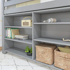 Letto a soppalco basso singolo con libreria a 3 e 6 ripiani, legno massello di pino, camera da letto per bambini