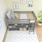 Letto a soppalco basso singolo con libreria a 3 e 6 ripiani, legno massello di pino, camera da letto per bambini