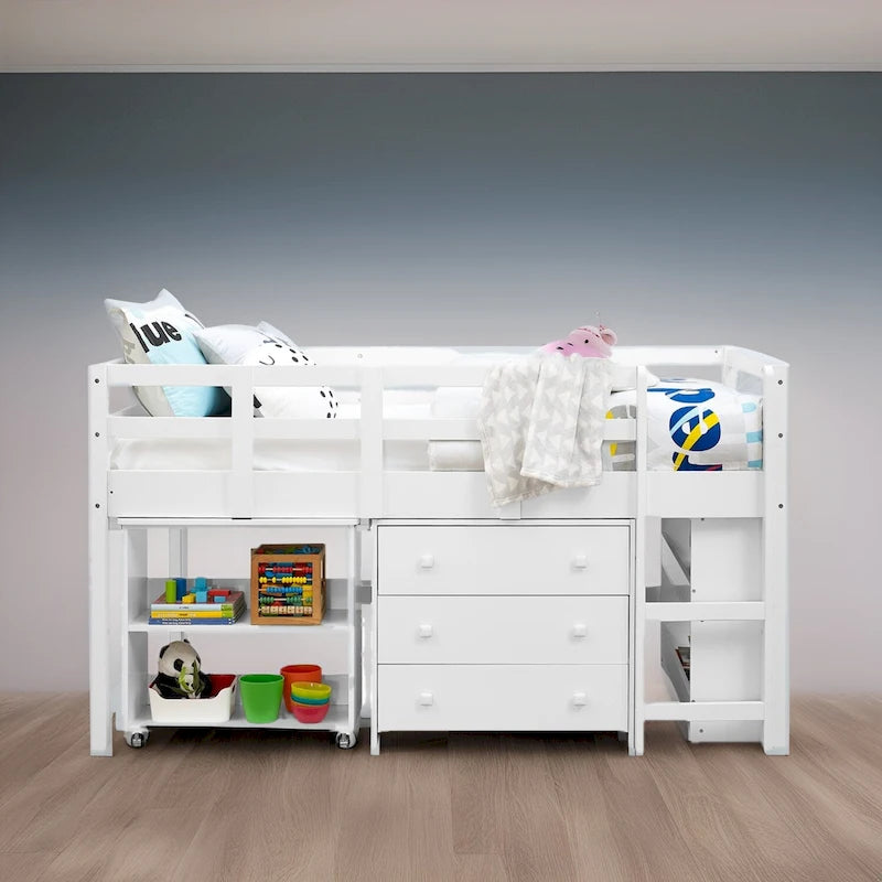 Letto a soppalco singolo con scrivania estraibile, contenitore, scaletta, spondine e libreria - Letto a soppalco in legno per bambini