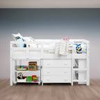 Letto a soppalco singolo con scrivania estraibile, contenitore, scaletta, spondine e libreria - Letto a soppalco in legno per bambini