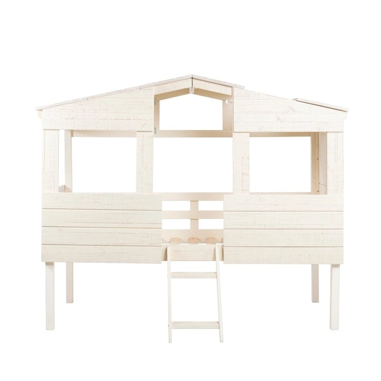 Letto a soppalco singolo con scrivania estraibile, contenitore, scaletta, spondine e libreria - Letto a soppalco in legno per bambini
