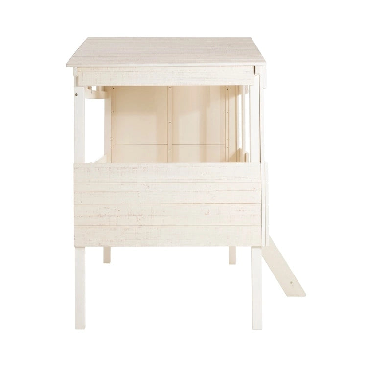 Letto a soppalco singolo con scrivania estraibile, contenitore, scaletta, spondine e libreria - Letto a soppalco in legno per bambini