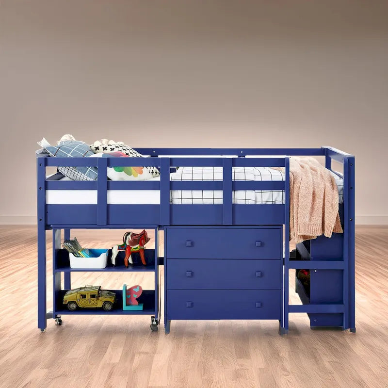 Letto a soppalco singolo con scrivania estraibile, contenitore, scaletta, spondine e libreria - Letto a soppalco in legno per bambini