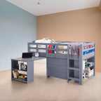 Letto a soppalco singolo con scrivania estraibile, contenitore, scaletta, spondine e libreria - Letto a soppalco in legno per bambini