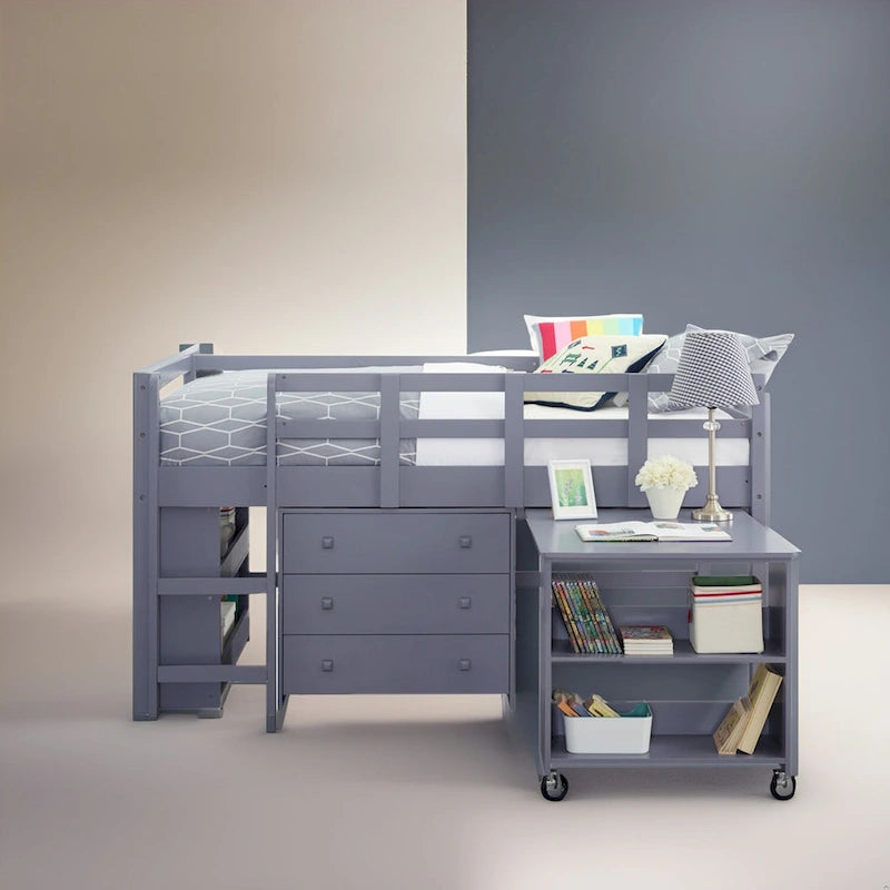 Letto a soppalco singolo con scrivania estraibile, contenitore, scaletta, spondine e libreria - Letto a soppalco in legno per bambini