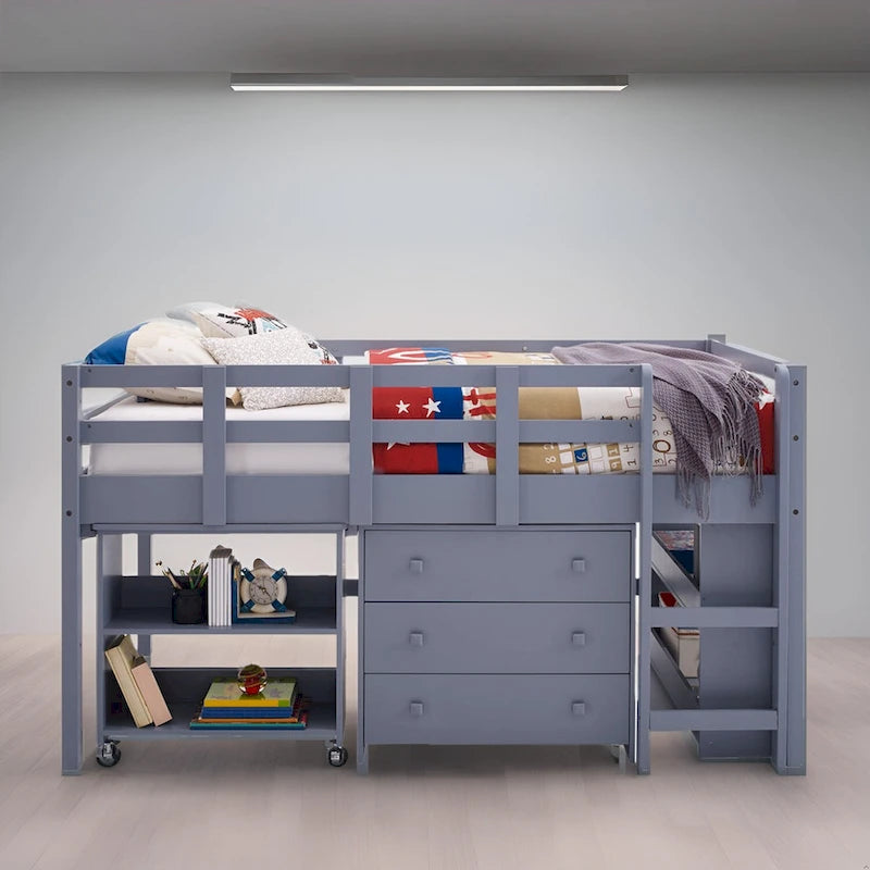 Letto a soppalco singolo con scrivania estraibile, contenitore, scaletta, spondine e libreria - Letto a soppalco in legno per bambini