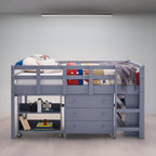 Letto a soppalco singolo con scrivania estraibile, contenitore, scaletta, spondine e libreria - Letto a soppalco in legno per bambini
