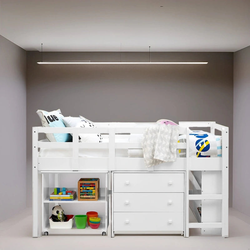 Letto a soppalco singolo con scrivania estraibile, contenitore, scaletta, spondine e libreria - Letto a soppalco in legno per bambini