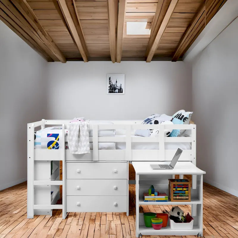 Letto a soppalco singolo con scrivania estraibile, contenitore, scaletta, spondine e libreria - Letto a soppalco in legno per bambini