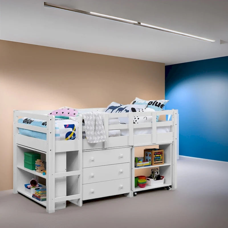 Letto a soppalco singolo con scrivania estraibile, contenitore, scaletta, spondine e libreria - Letto a soppalco in legno per bambini
