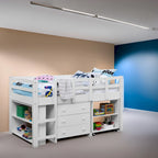 Letto a soppalco singolo con scrivania estraibile, contenitore, scaletta, spondine e libreria - Letto a soppalco in legno per bambini