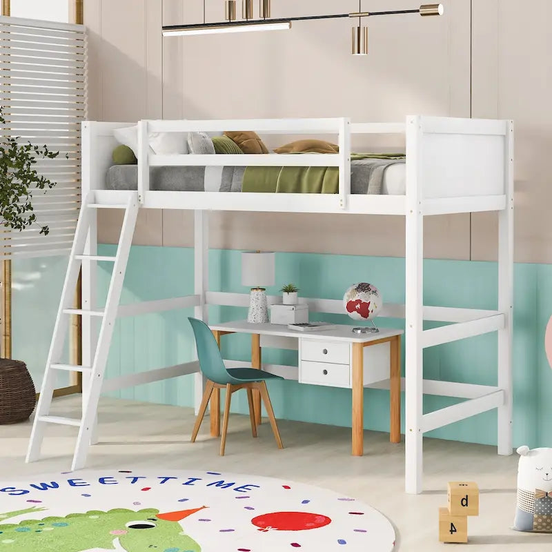 Letto a soppalco singolo in legno massello con scaletta