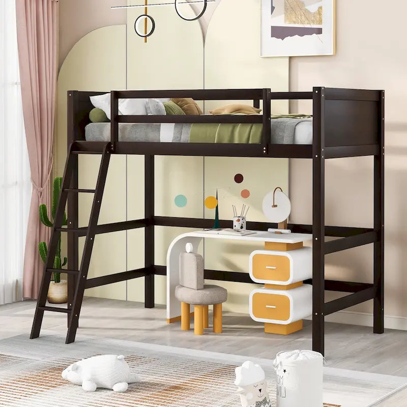 Letto a soppalco singolo in legno massello con scaletta
