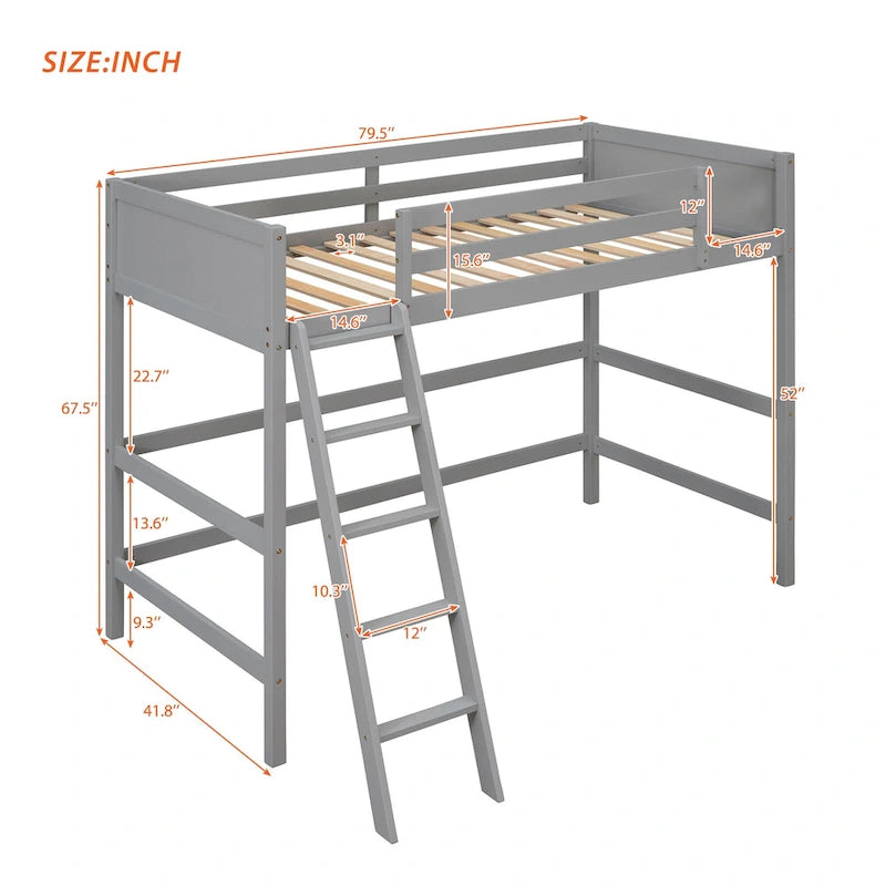 Letto a soppalco singolo in legno massello con scaletta
