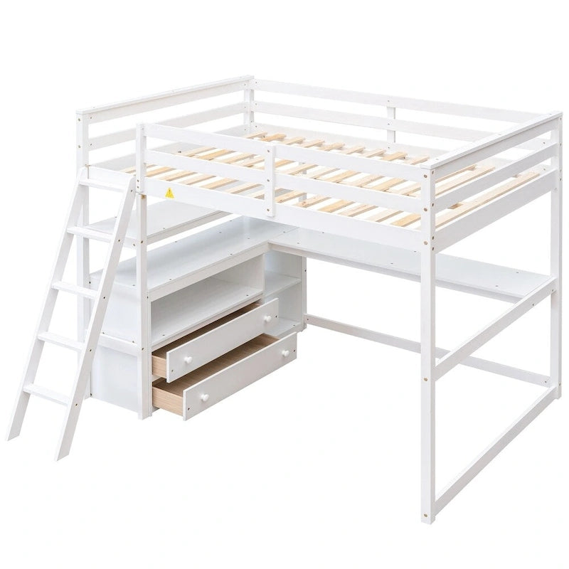 Full Size Loft Bed with Desk and Shelves