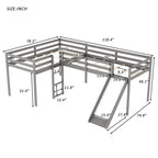 Letto a soppalco a L in legno a due piazze con scaletta e scivolo