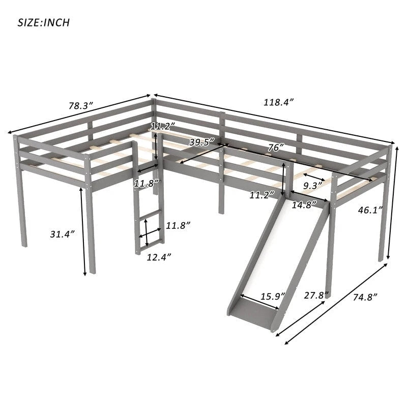 Letto a soppalco a L in legno a due piazze con scaletta e scivolo