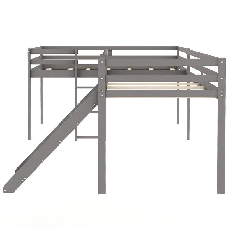 Letto a soppalco a L in legno a due piazze con scaletta e scivolo