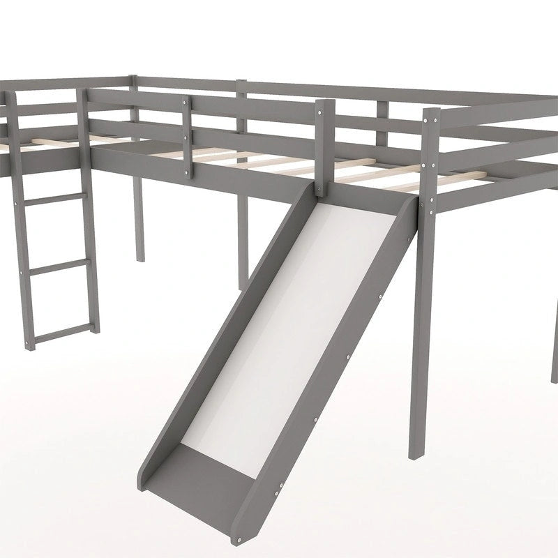Letto a soppalco a L in legno a due piazze con scaletta e scivolo