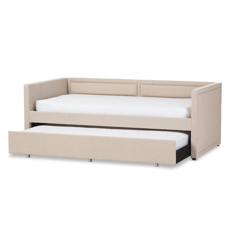 Letto da Giorno Imbottito con Rotelle Estraibili, Rifinitura con Borchie, Lino o Poliestere