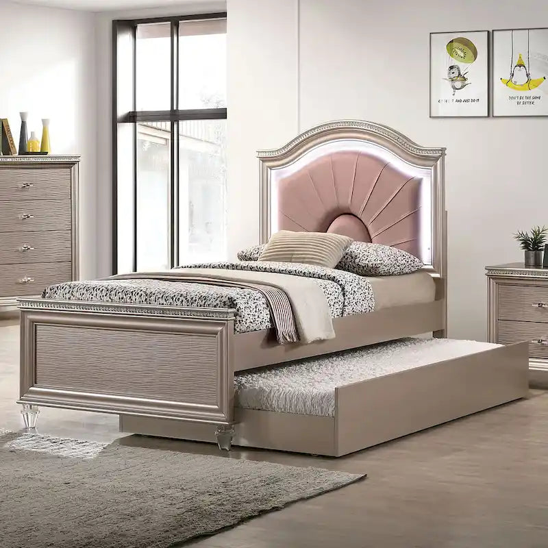 Letto a pannello Glam singolo/matrimoniale con letto estraibile e testiera a LED, similpelle, nessuna molla