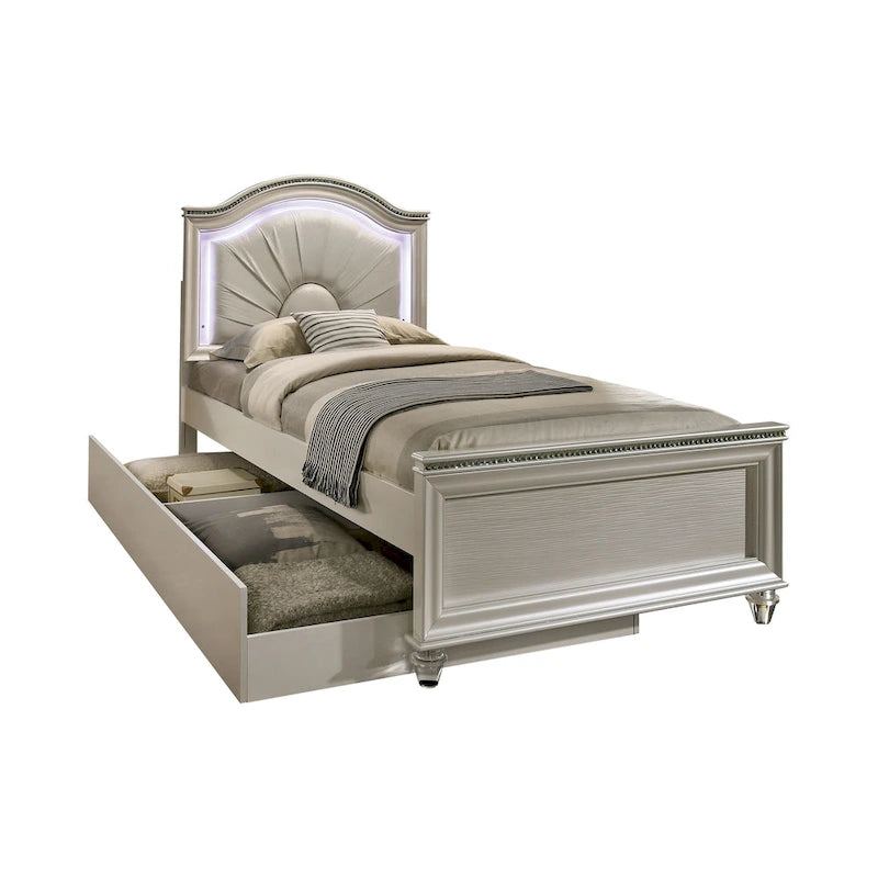 Letto a pannello Glam singolo/matrimoniale con letto estraibile e testiera a LED, similpelle, nessuna molla