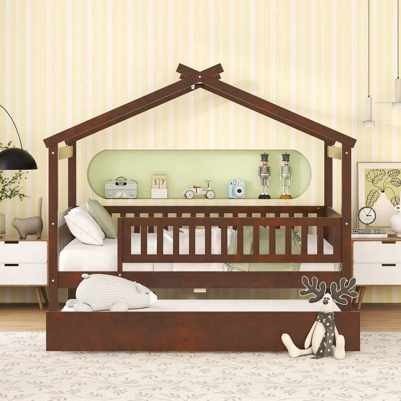 Letto a casetta in legno full size con letto estraibile singolo, letto per bambini