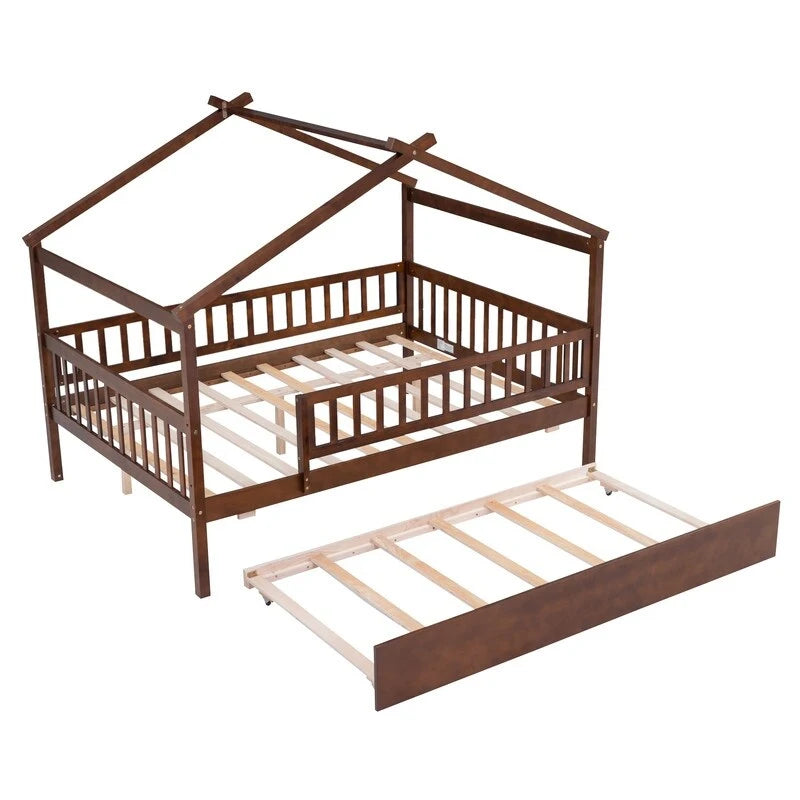 Letto a casetta in legno full size con letto estraibile singolo, letto per bambini