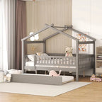 Letto a casetta in legno full size con letto estraibile singolo, letto per bambini