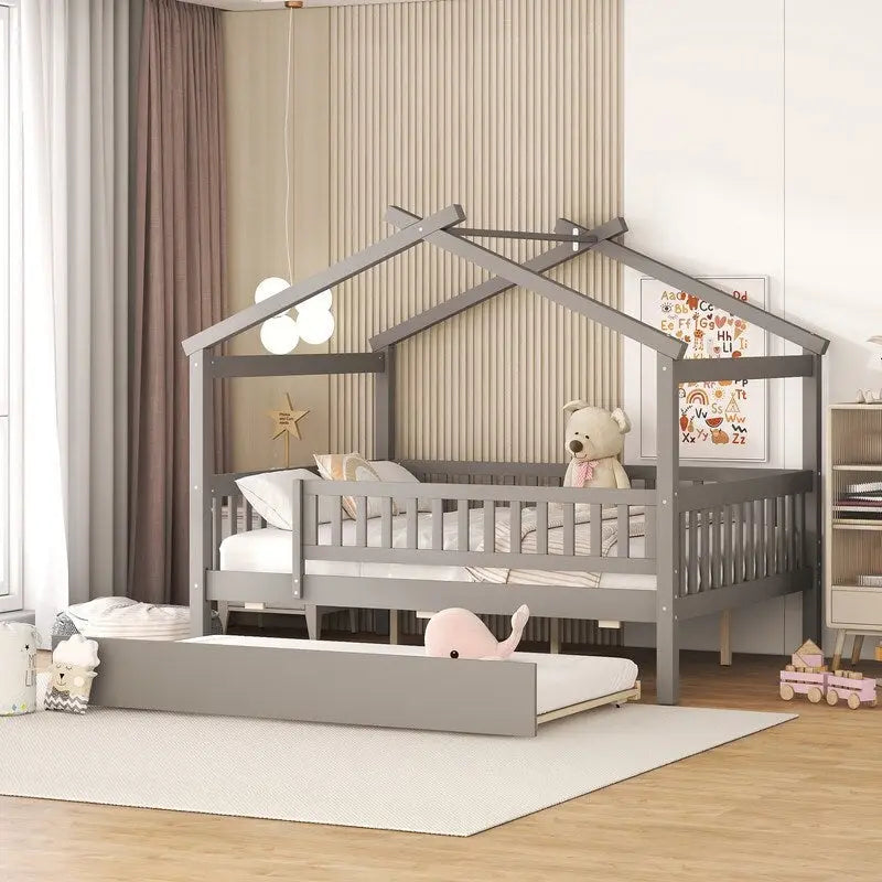 Letto a casetta in legno full size con letto estraibile singolo, letto per bambini