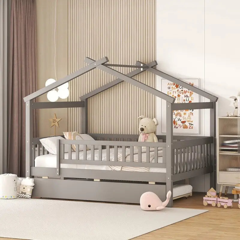 Letto a casetta in legno full size con letto estraibile singolo, letto per bambini