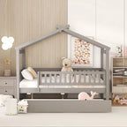 Letto a casetta in legno full size con letto estraibile singolo, letto per bambini