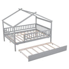 Letto a casetta in legno full size con letto estraibile singolo, letto per bambini