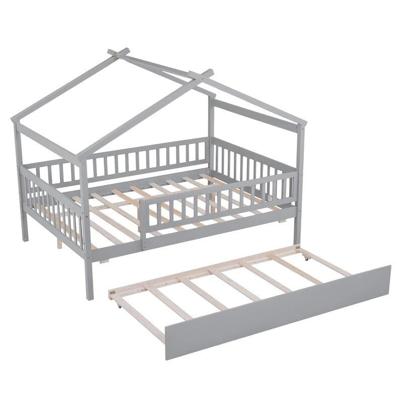 Letto a casetta in legno full size con letto estraibile singolo, letto per bambini