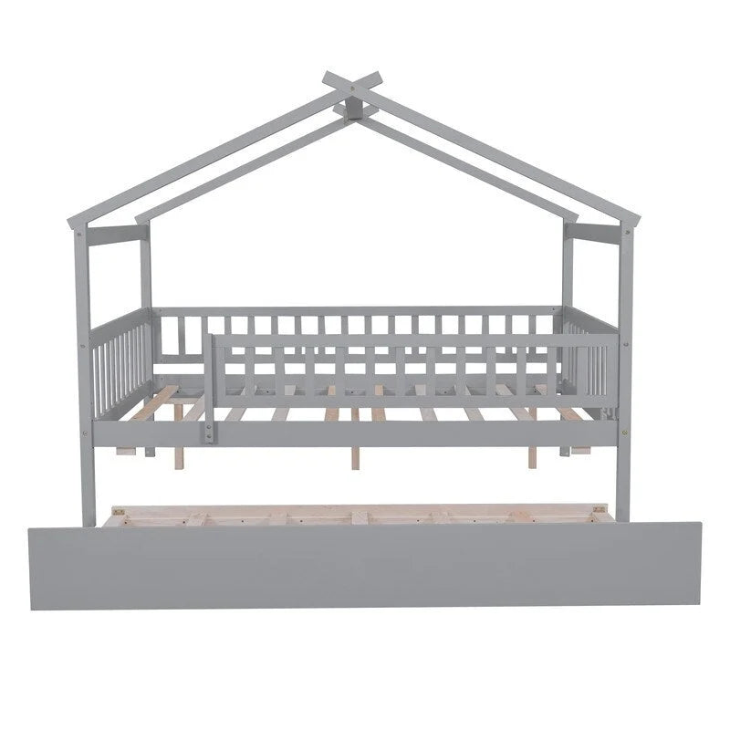 Letto a casetta in legno full size con letto estraibile singolo, letto per bambini