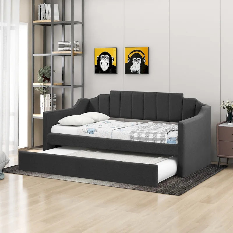 Letto a giorno imbottito singolo con rotelle, tessuto di lino, stile moderno, camera degli ospiti