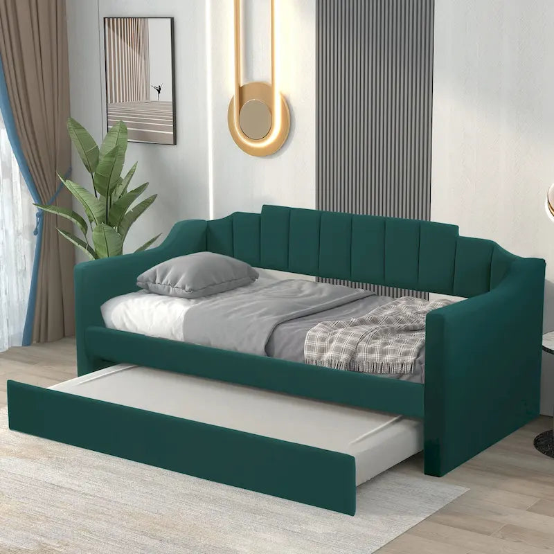 Letto a giorno imbottito singolo con rotelle, tessuto di lino, stile moderno, camera degli ospiti