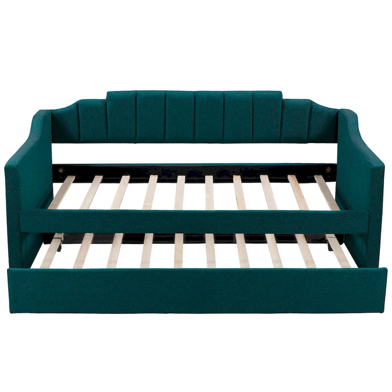 Letto a giorno imbottito singolo con rotelle, tessuto di lino, stile moderno, camera degli ospiti