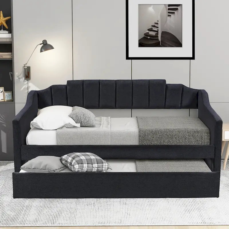 Letto a giorno imbottito singolo con rotelle, tessuto di lino, stile moderno, camera degli ospiti