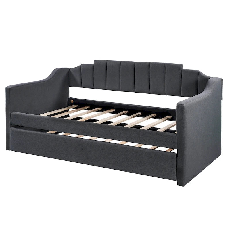 Letto a giorno imbottito singolo con rotelle, tessuto di lino, stile moderno, camera degli ospiti