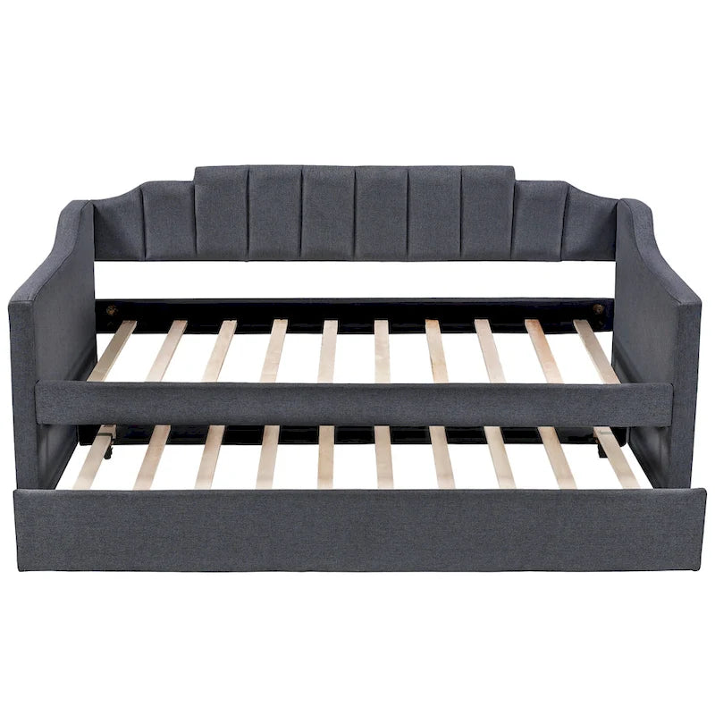 Letto a giorno imbottito singolo con rotelle, tessuto di lino, stile moderno, camera degli ospiti