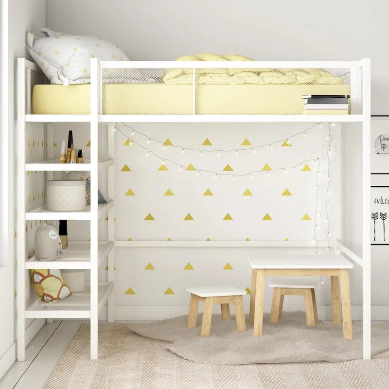 Letto a soppalco matrimoniale in metallo con libreria a 4 ripiani e sponde di sicurezza a tutta lunghezza, 3 opzioni di colore