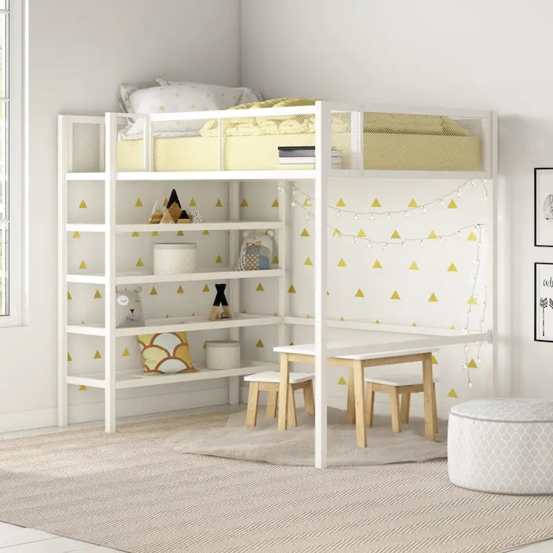 Letto a soppalco matrimoniale in metallo con libreria a 4 ripiani e sponde di sicurezza a tutta lunghezza, 3 opzioni di colore