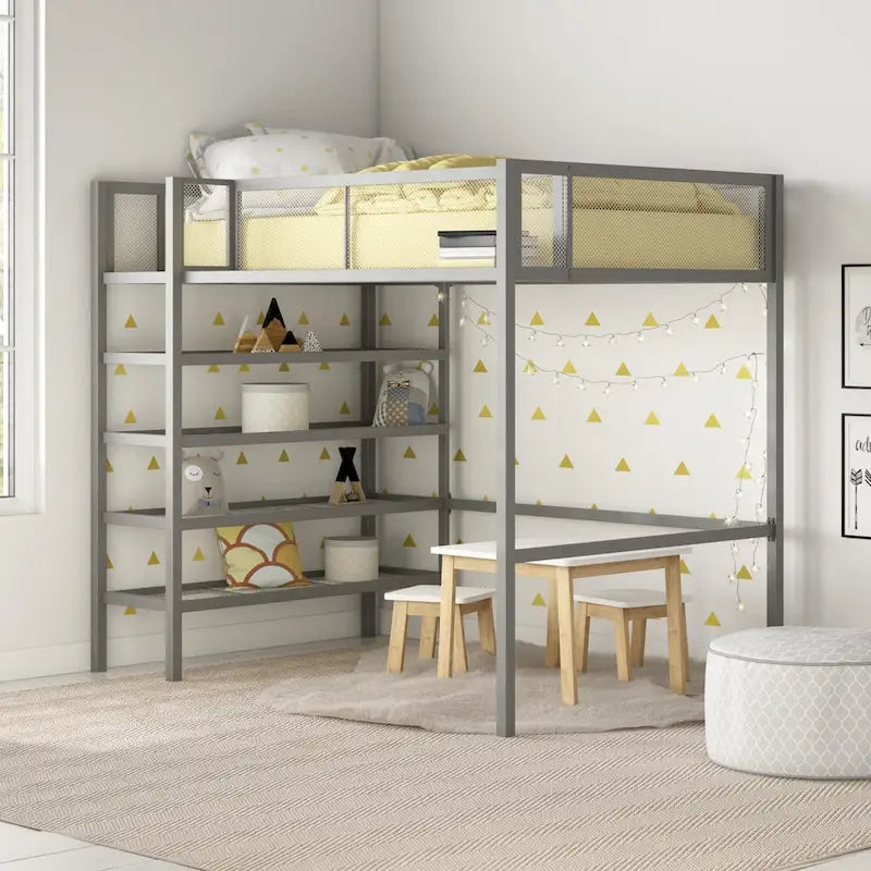 Letto a soppalco matrimoniale in metallo con libreria a 4 ripiani e sponde di sicurezza a tutta lunghezza, 3 opzioni di colore
