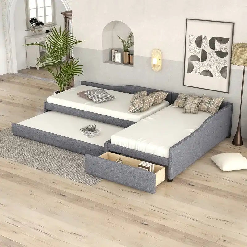 Divano letto imbottito matrimoniale singolo con letto estraibile e cassetto