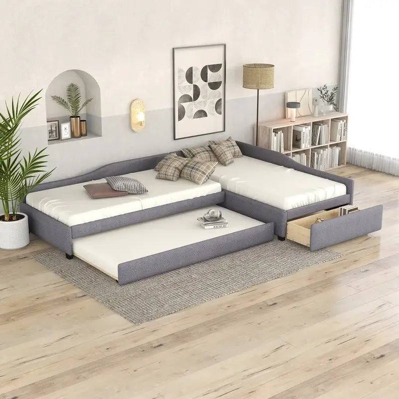 Divano letto imbottito matrimoniale singolo con letto estraibile e cassetto