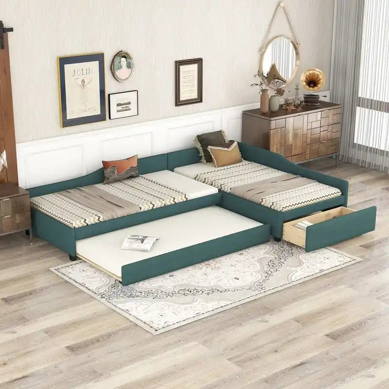 Divano letto imbottito matrimoniale singolo con letto estraibile e cassetto