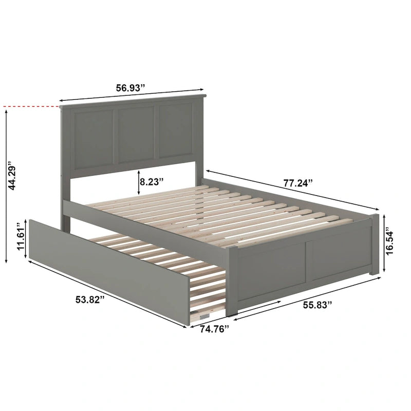 Letto a piattaforma in legno massello full size con pediera, rotelle complete e stazione di ricarica USB